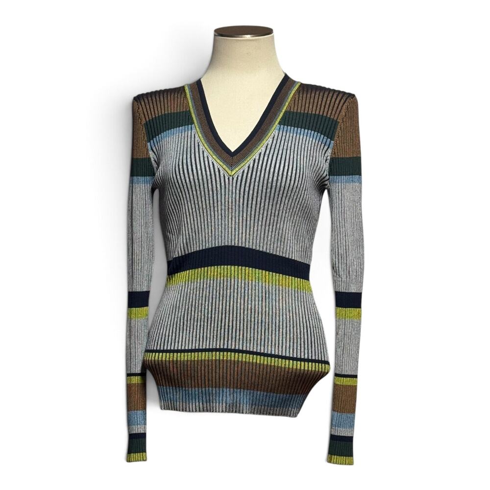 Diane Von Furstenberg Long Sleeve V-Neck Stretch Ribbed Sweater Brown Blue Med